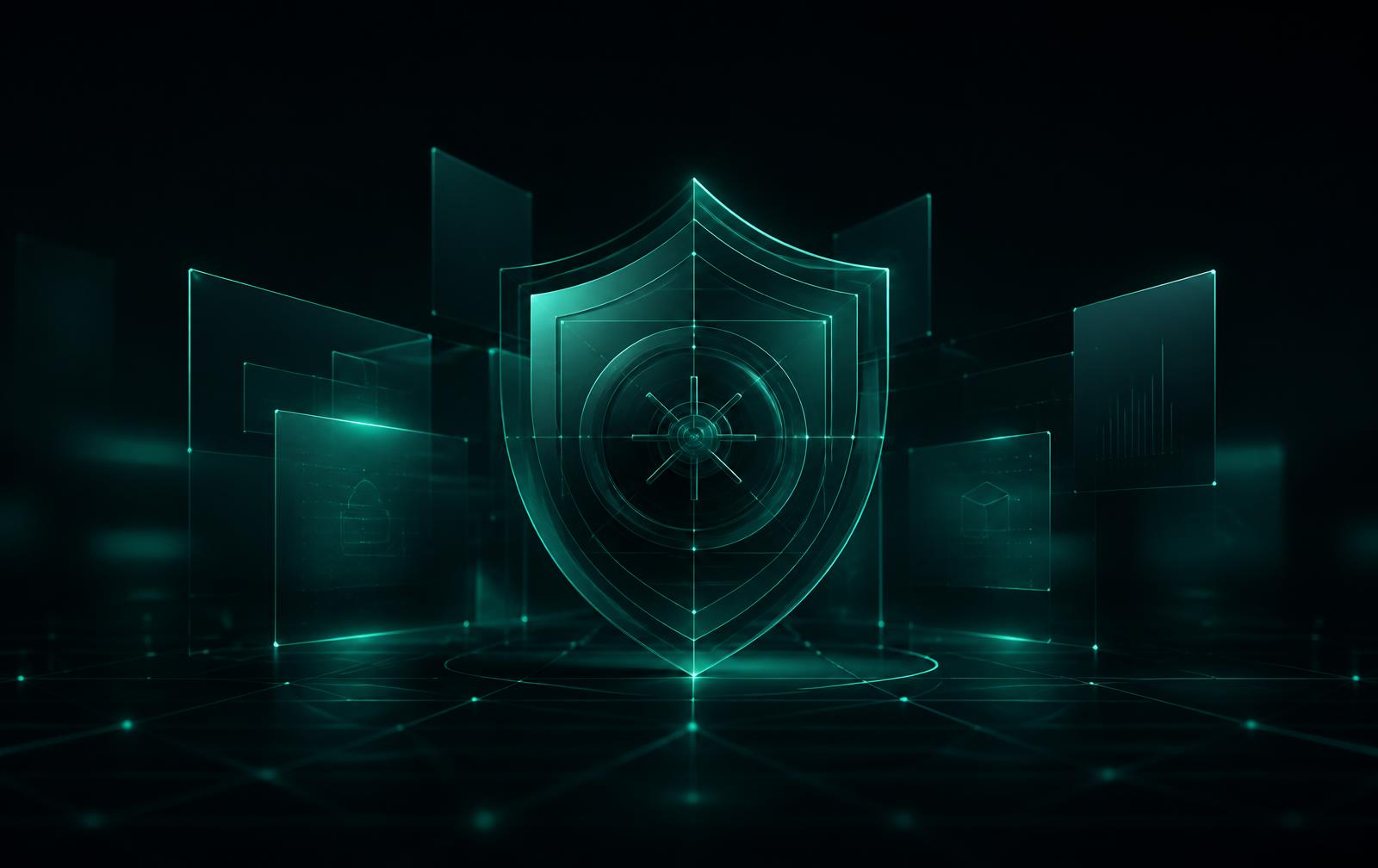 Abstract visualisation of CutOut's escrow vault surrounded by ledger and risk panels